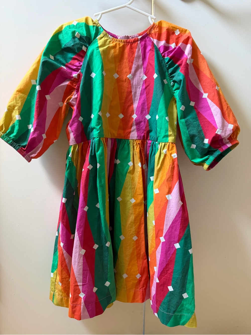 Girls Rainbow Stripe Puff-Sleeve Casual Dress
